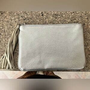 Chico's Metallic Silver Leather Wristlet Clutch with Tassel